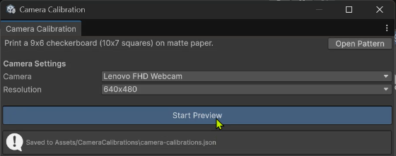 Select camera and resolution, then click Start Preview