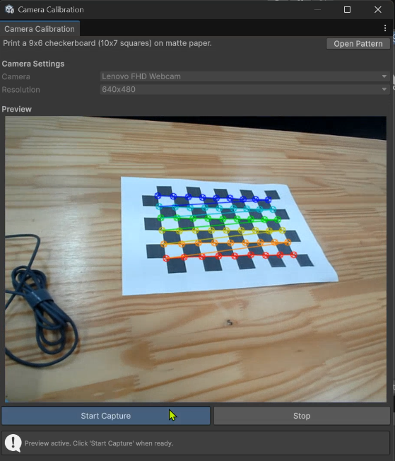 Preview showing the checkerboard with colored corner detection overlay